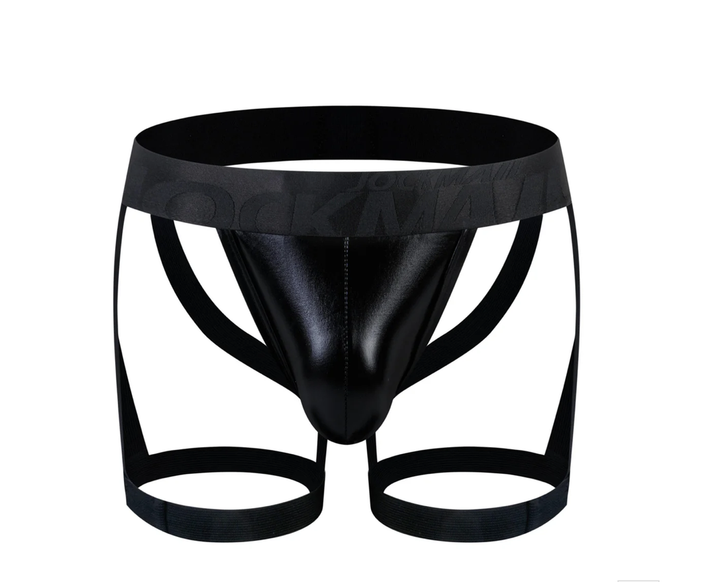 JOCKMAIL 259 FAUX LEATHER JOCK WITH LEG RESTRAINTS